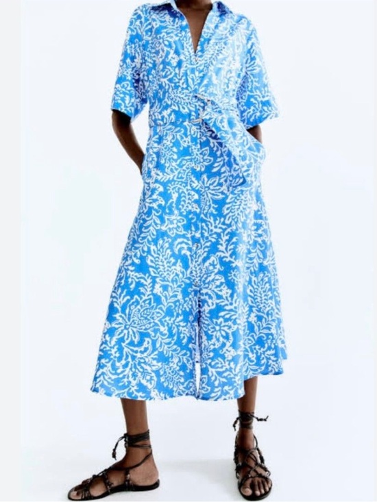 Zara Dresses & Skirts - ZARA Blue Floral Midi Shirt Dress